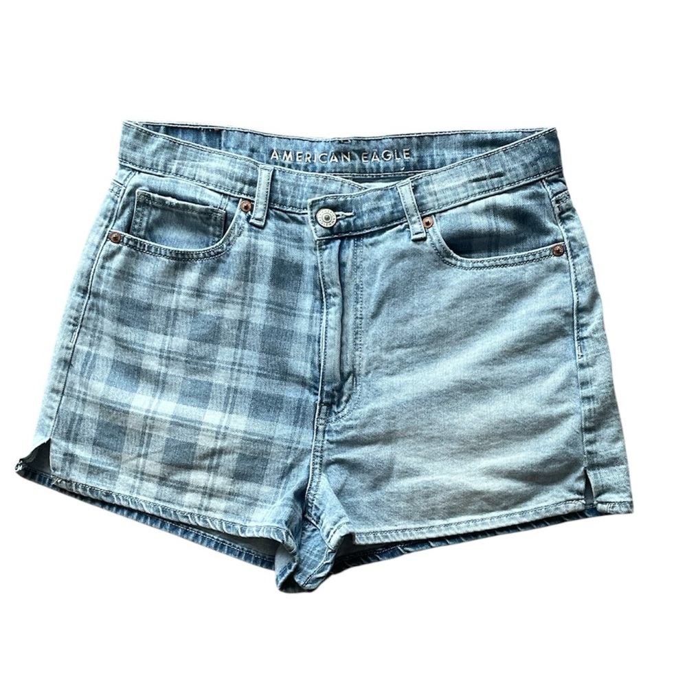 American Eagle Highest Rise Mom Short Light Blue‎ Plaid Jean Shorts - Picture 2 of 9